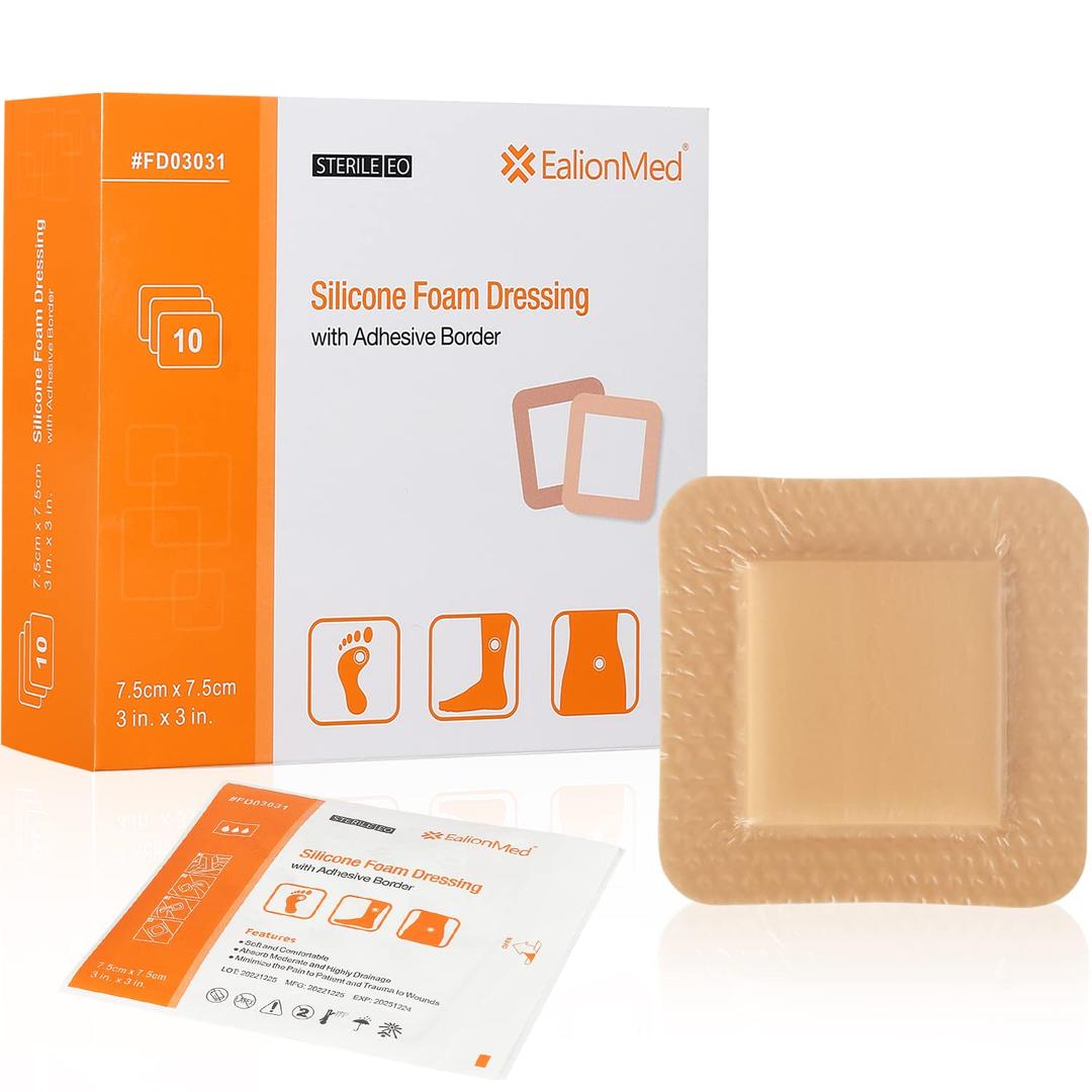 EalionMedSilicone Foam Dressing with Gentle Adhesive Border 3''x3'', 10 Pack, Painless Removal High Absorbency Bed Sore Wound Bandage for Pressure Sore, Leg Ulcer, Diabetic Ulcer