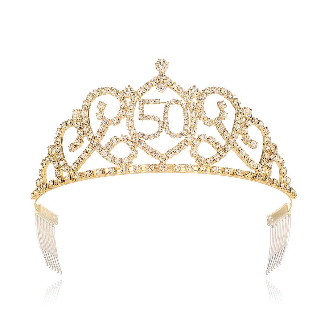 YZHSTONE Women 50th Birthday Queen Crowns Tiaras Gold Female 50th Birthday Queen Tiaras Crowns Women Girls Princess 50th Birthday Costume Prom Queen Tiara Crowns Birthday Princess Crown Tiara