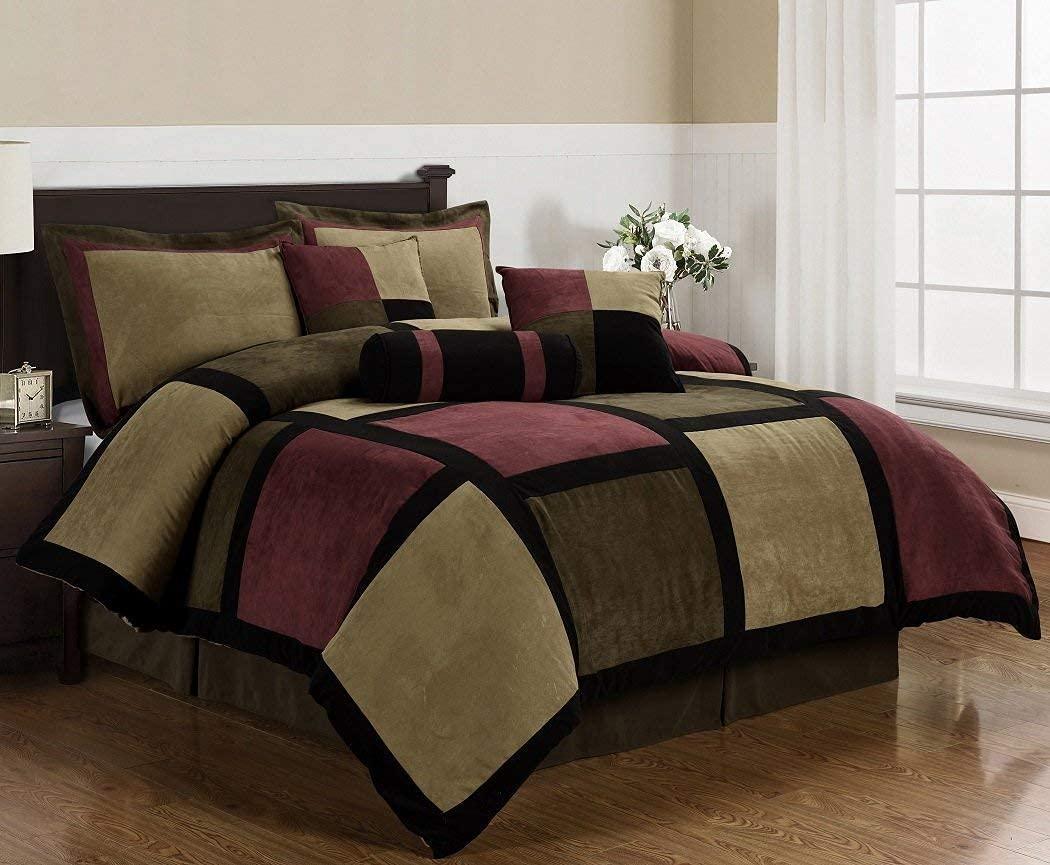 Chezmoi Collection7-Piece Burgundy Brown Black Micro Suede Patchwork Comforter Set, Queen