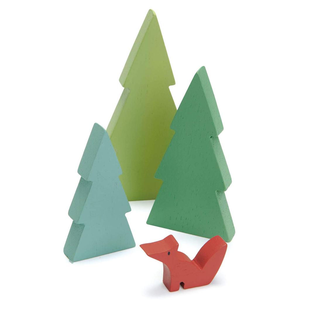 Tender Leaf Toys - Fir Tops - Set of Three Wooden Fir Trees and a Fox for Kids Train Accessories - Imaginative and Pretend Play for Kids Age 3+