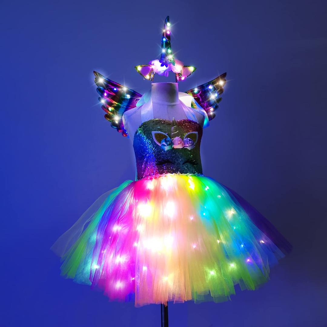 LETSGLOW Unicorn Dresses For Girls Dress Up LED Light Up Birthday Christmas Halloween Party With Headband and Fairy Wings