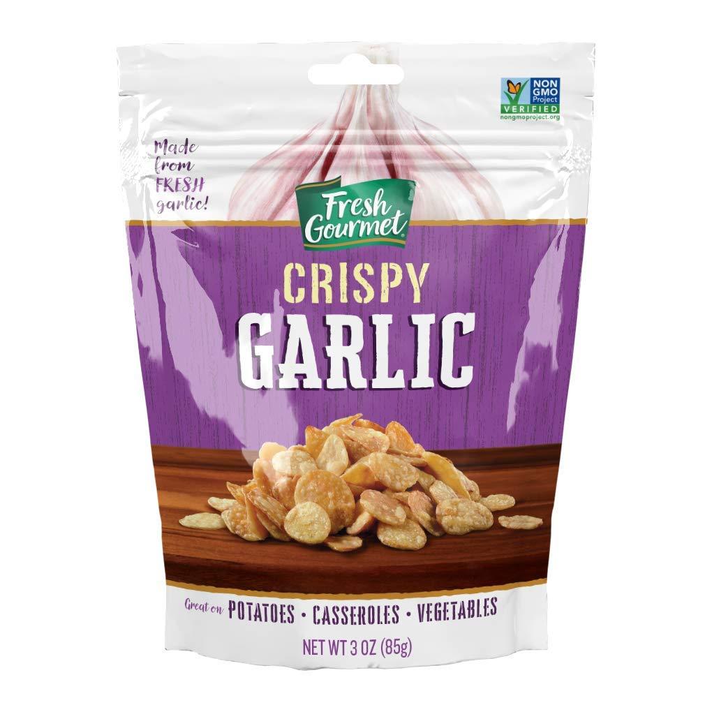 Fresh Gourmet Crispy Lightly Seasoned Crispy Garlic | 3 Ounce, Pack of 6 | Low Carb | Crunchy Snack and Salad Topper