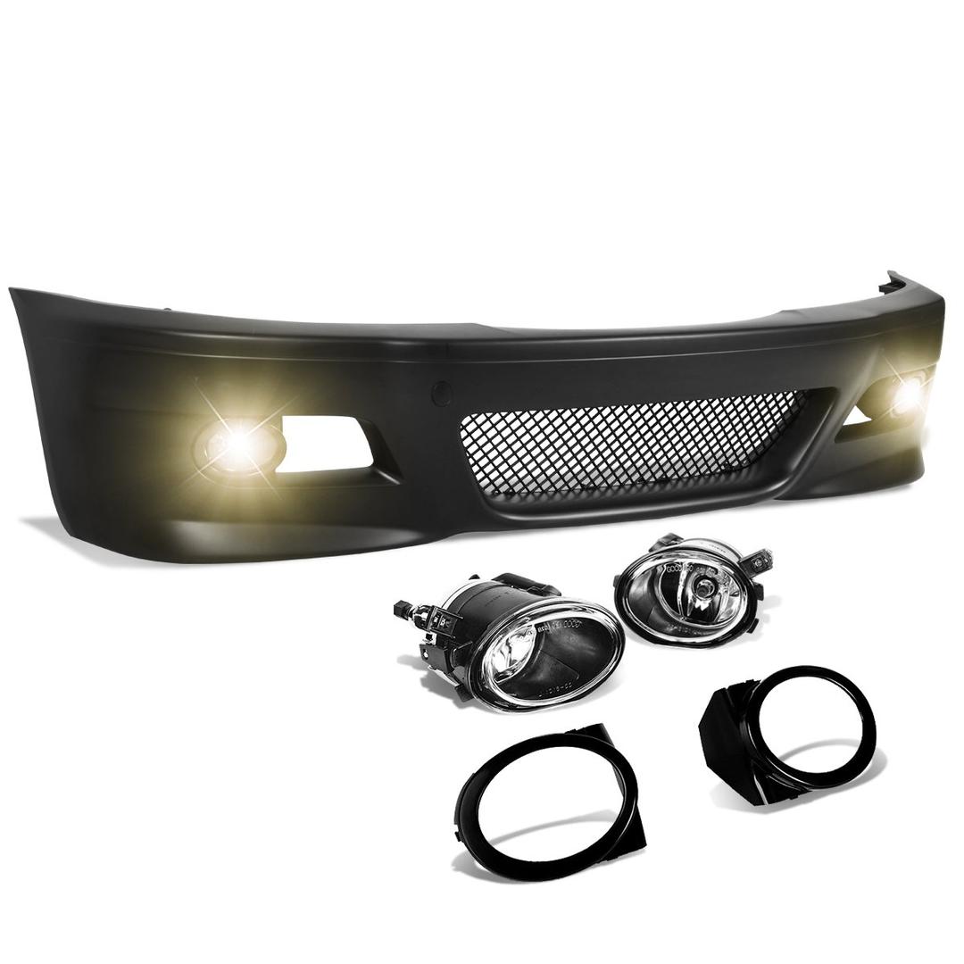 Auto Dynasty M3 Style Front Bumper Replacement with Mesh Grille Insert and Fog Lamps, Compatible with BMW E46 320i 323i 325i 328i 330i 1999-2006, Paint-to-Match