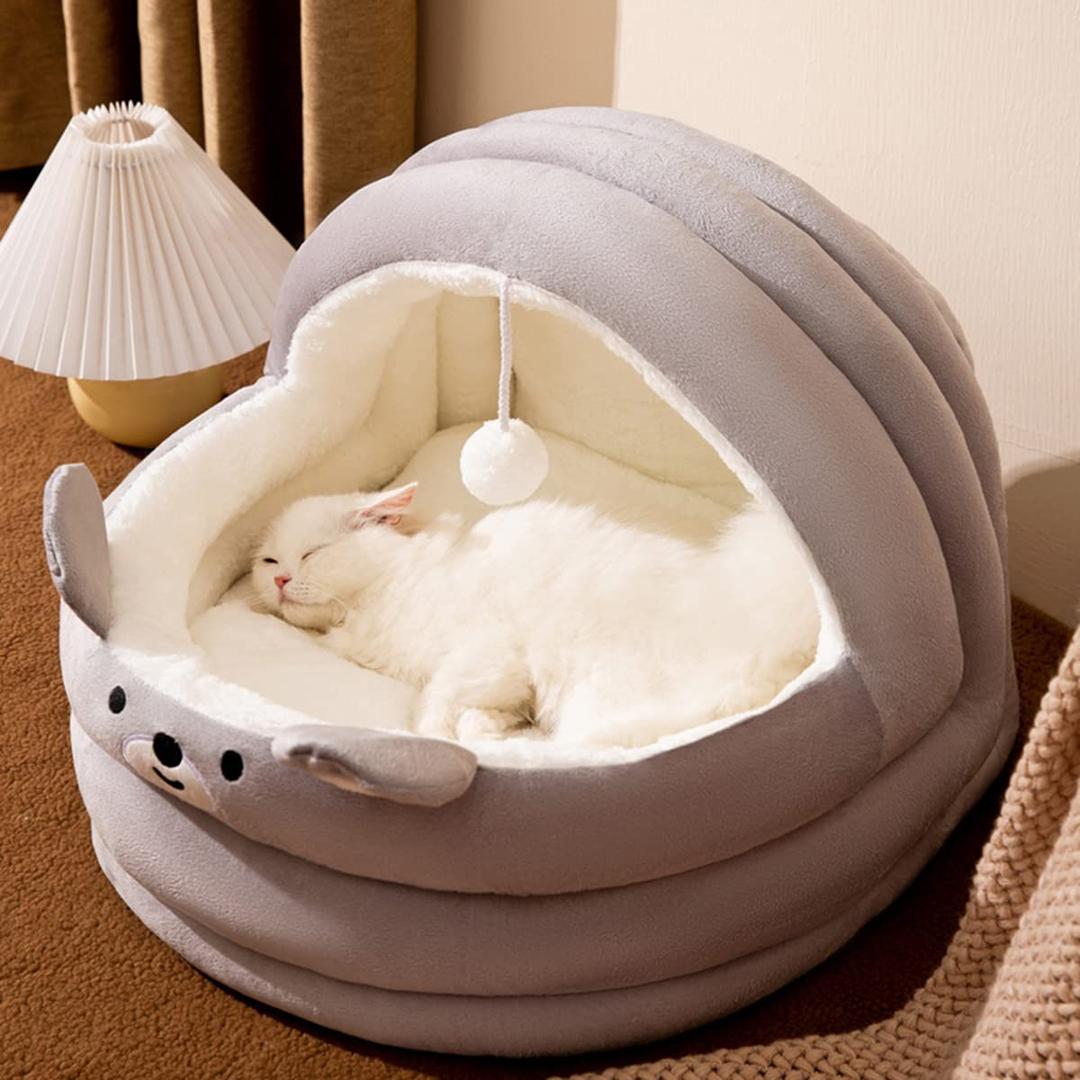 ANTOLE Soft Warm Cat Cave Bed Cat Houses for Winter, Warm Cat Sleep Nest Anti-Slip & Water-Resistant Bottom Lovely Shape Gray (Small)