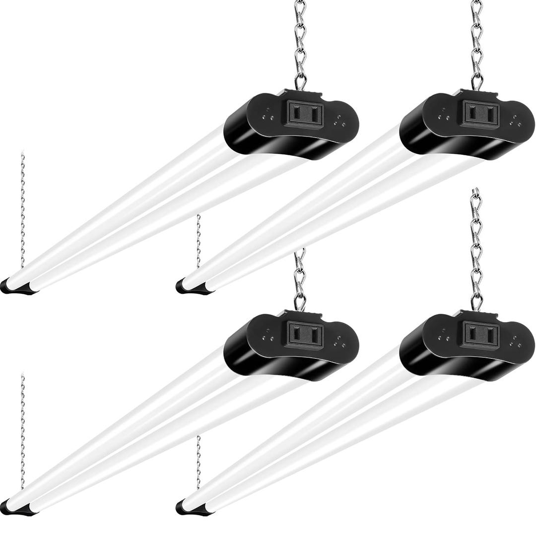 hykolity 4 Pack Linkable LED Shop Light, 4FT 42W [250W Equivalent], 4400lm, 5000K Daylight, with Plug, Utility Light Fixture, Hanging or Surface Mount, Black