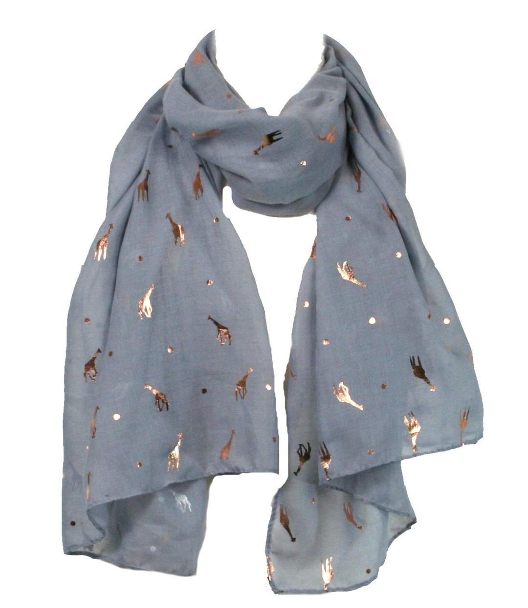 LilyRosa® Grey Giraffe Print Scarf, Ladies White Rose Gold Foil Animal Shawl Wrap