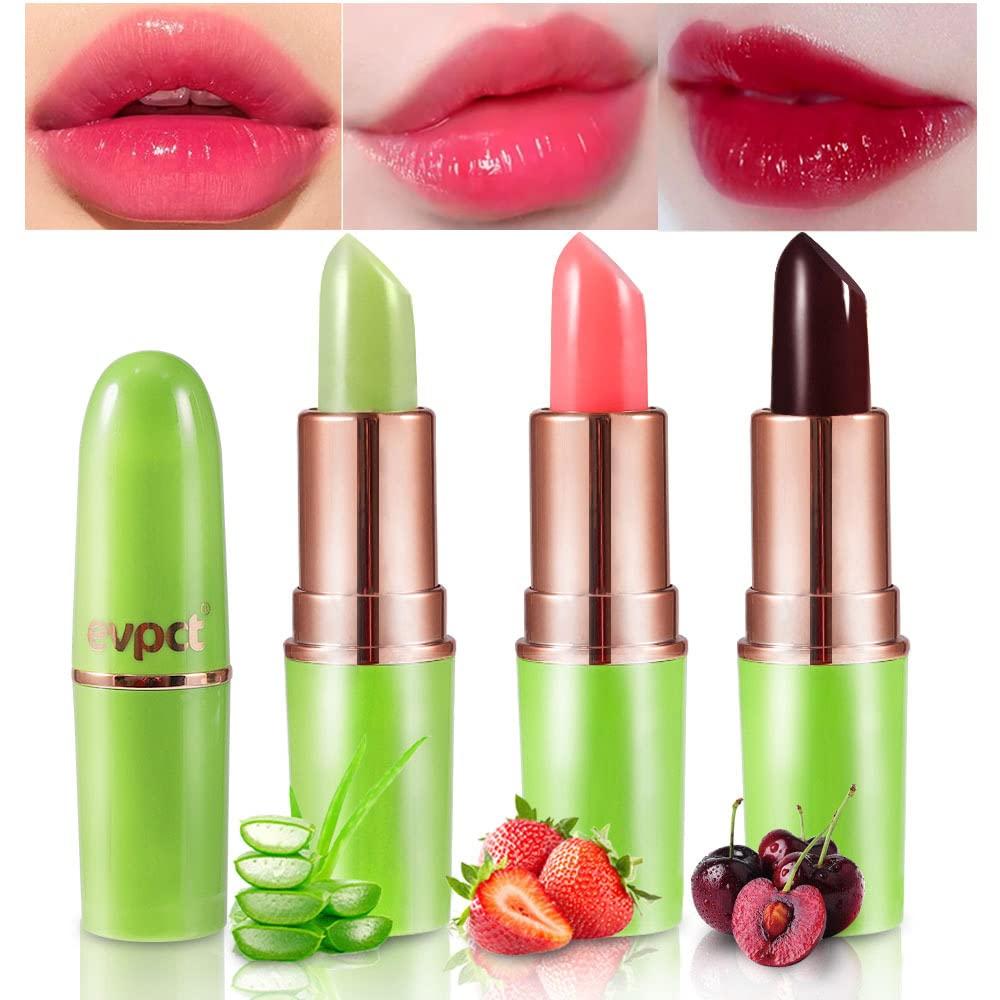 evpct 3Pcs Aloe Vera Strawberry Black Red Cherry Lip Balm Color Changing Lipstick Set PH Mood Magic Lipstick Long Lasting waterproof 24 hour labiales magicos pintalabios permanente 24 horas originales