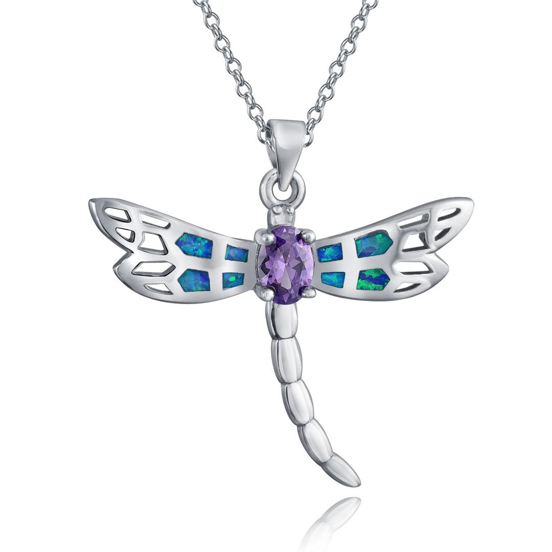 Purple CZ Blue Inlay Created Opal Butterfly Dragonfly Pendant Necklace For Women 925 Sterling Silver October Birthstone