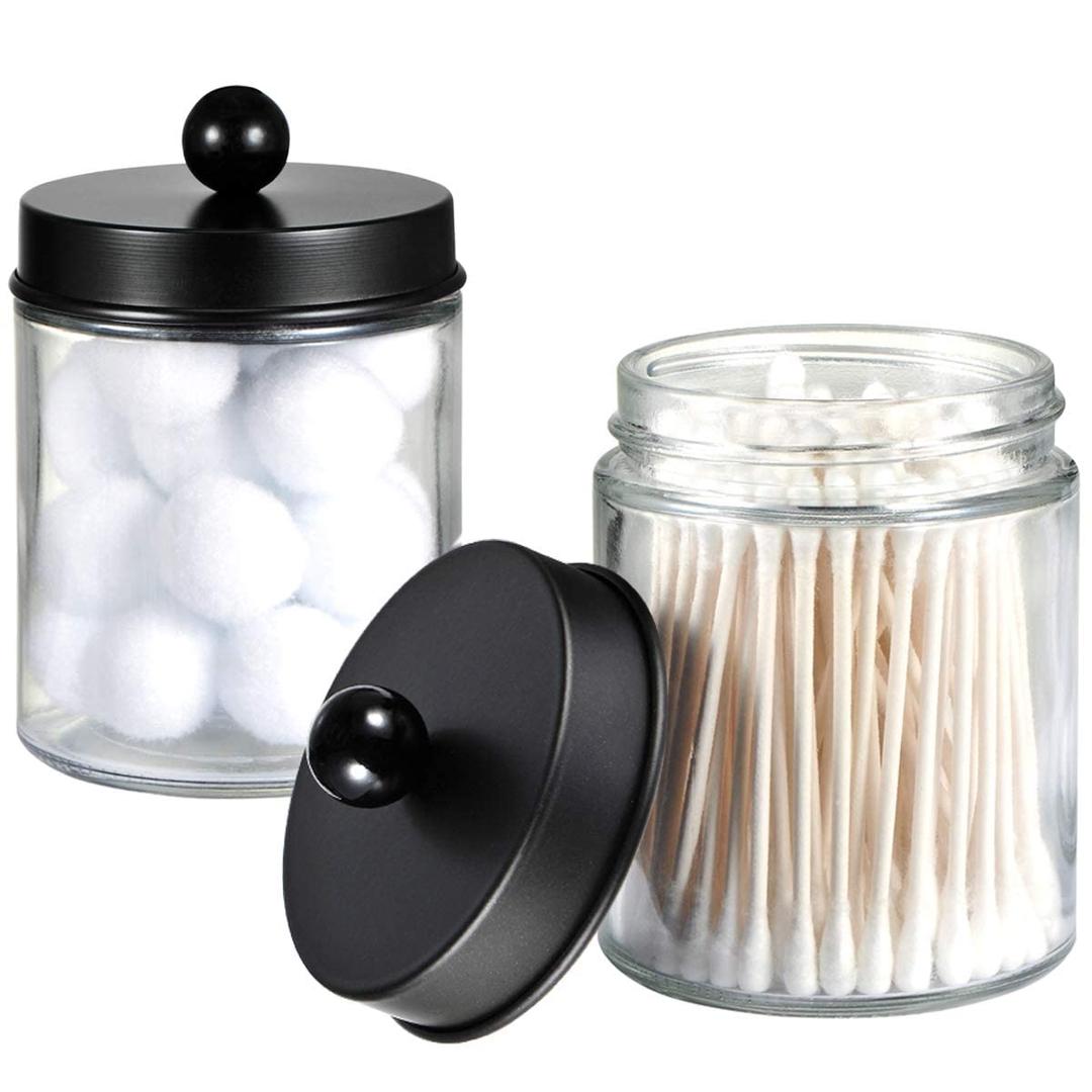 Amolliar Apothecary Jars Bathroom Storage Organizer - Cute Qtip Dispenser Holder Vanity Canister Jar Glass with Lid for Cotton Swabs,Rounds,Bath Salts,Makeup Sponges,Hair Accessories/Black（2 PACK）