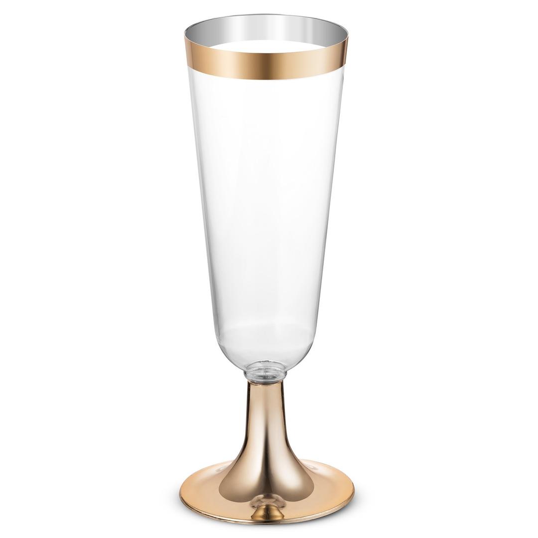 BloominGoods50 Plastic Gold Rimmed Champagne Flutes | 5.5 oz. Clear Hard Disposable Party & Wedding Glass | Premium Heavy Duty Fancy Cup (50-Pack)