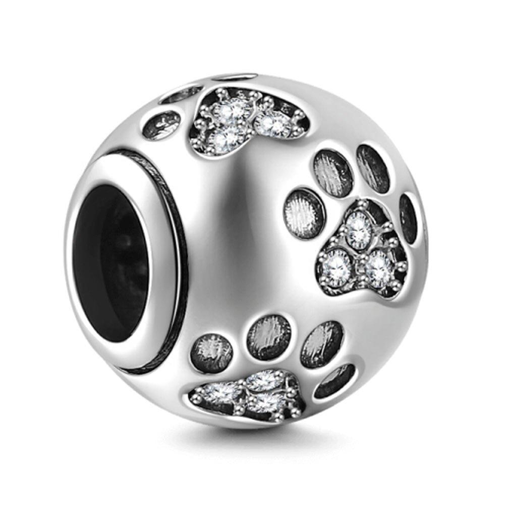 ABUNDog Paw Print Charms 925 Sterling Silver Animal Birthstone Crystal Charms for Pandora 3mm Snake Chain Bracelets