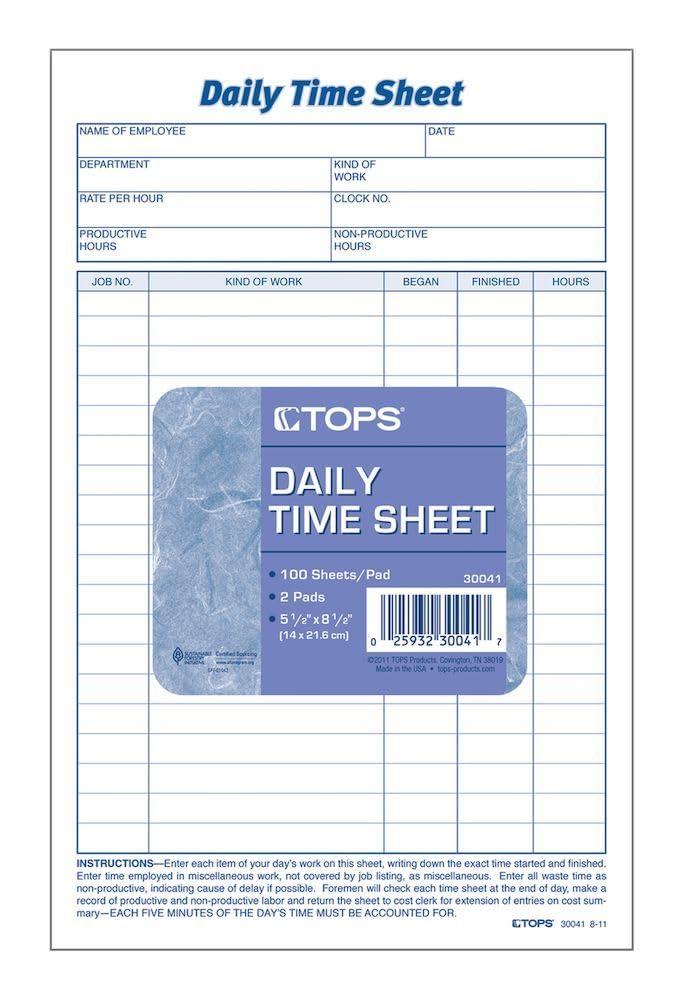 TOPS Daily Employee Time And Job Sheet, 6 x 9.5 Inches, 100 Sheets per Pad, 2 Pads/Pack (30041)