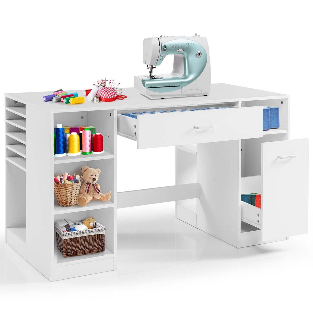 Giantex Craft Table with Storage, Artwork Sewing Table with 10 Large & Small Storage Compartments, 2 Sliding Drawer and 2 Shelves, 53inch Craft Drafting Writing Sewing Station Desk, White