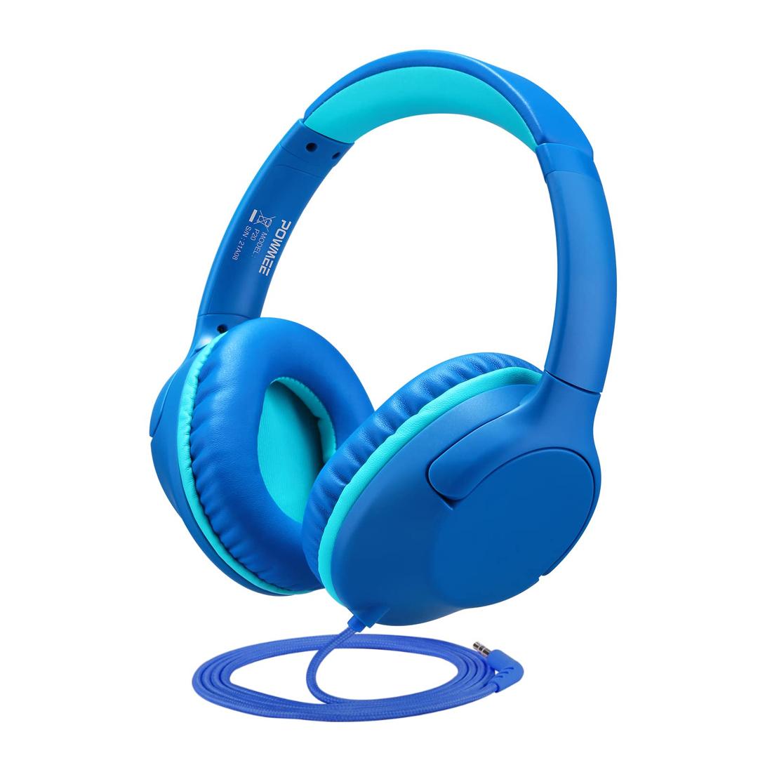 POWMEEP20 Kids Headphones for School, Kids/Teens/Boys/Girls with Safe 94dB Volume Limited, 3.5mm Jack Wired Cord Over-Ear for Fire Tablets/Travel/PC/Phones(Blue)