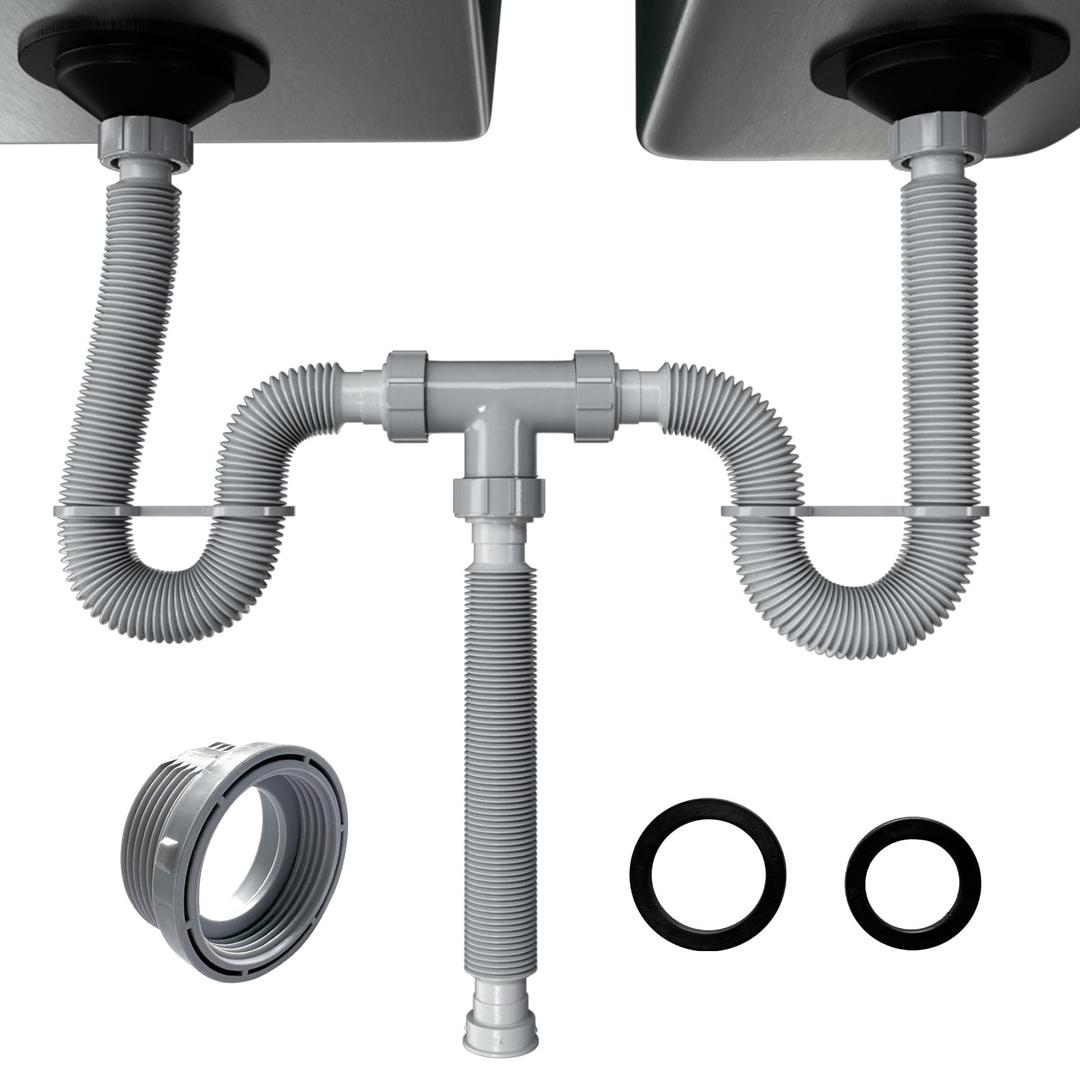 VIVIDAFlexible Sink Drain Pipe 1-1/2 inch for Double Sink Drain, 11"-31.5" Expandable Flexible P Trap Double Bowl Sink Drain Kit for Kitchen, Bathroom, 1-1/4" Adapter Included, Gray, 1 PACK