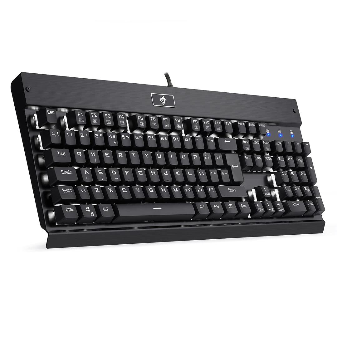 Eagletec KG010-UK Wired Keyboard USB Ergonomic Mechanical Keyboard Illuminated Backlit 105 Keys for Office/Gaming Desktop PC Computer Industrial Aircraft Grade Aluminum (Black Keyboard - UK-Layout)