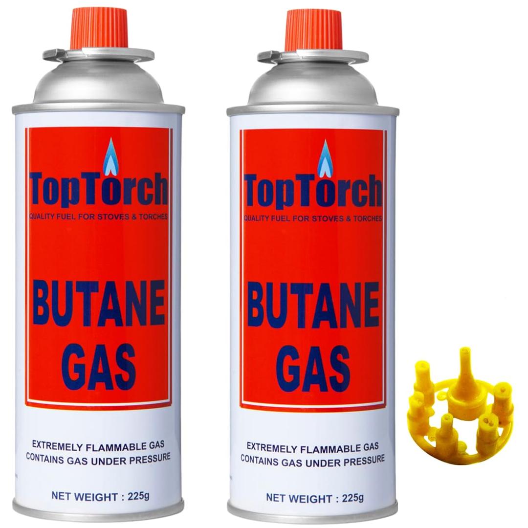 Top Torch® Portable High Pressure 225G Flame Butane Liquefied Gas Canister Can Perfect Suitable To Refill Flame Lighters. Small Stove, Flame Torch, Welding (Pack Of 2) With 1 Refilling Adapter