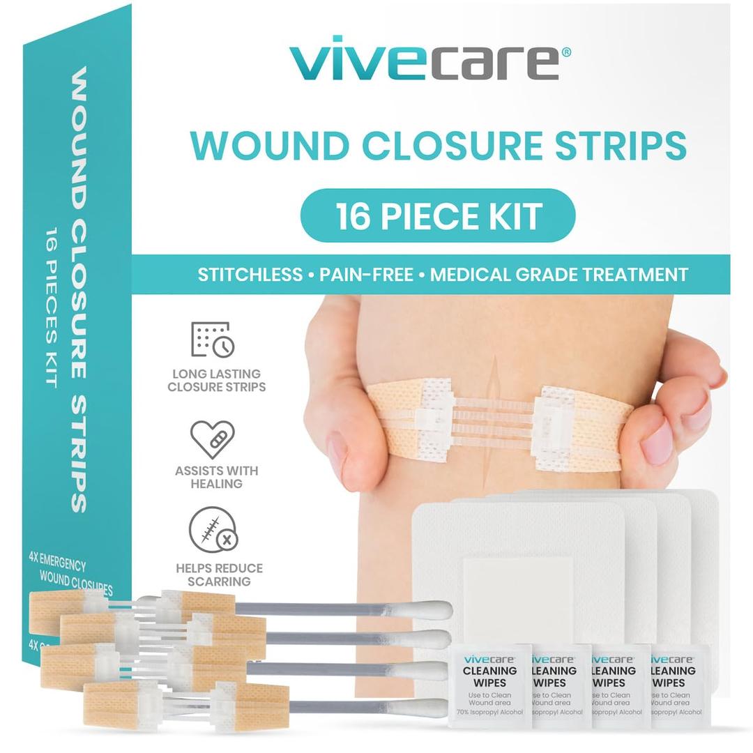 ViveCare Emergency Wound Closure Device Kit 4 Pcs - Adhesive Zip Stitch Sutures Butterfly Bandaids Sterile & Laceration Closure - Steri Strips Bandages Without Stitches for Outdoors - Island Dressing