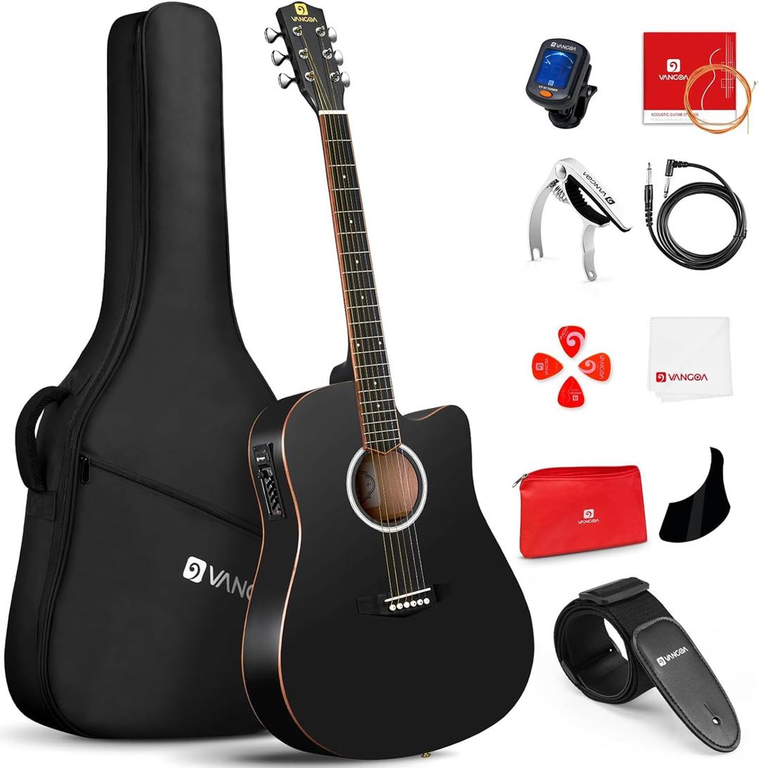 Vangoa Acoustic Electric Guitar Bundle for Beginners Adults Teens Full Size Cutaway Acoustic Guitar with Built-in Pickups, Wooden Bindings, Upgraded Starter Kit, Matte Black