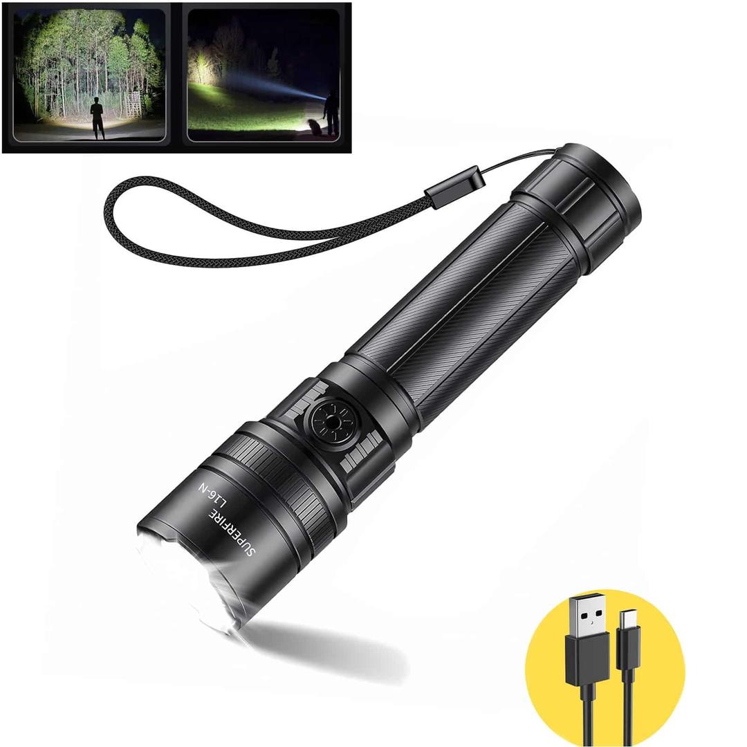 SuperFire Hiking Torch, Led Torch Rechargeable, Small Torch Adjustable Focus, Super Bright Flashlight, Waterproof Pocket Size Hand Torch, 5 Modes, for Power Cuts, Emergency, Camping, Outdoor [Energy Class A+++]