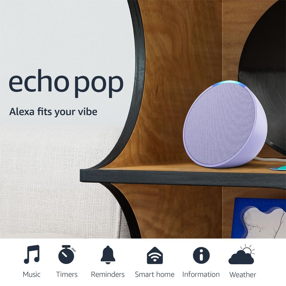 Amazon Echo Pop (newest model), Our smallest Alexa speaker, Just right for bathrooms, dens and other small spaces, Lavender Bloom