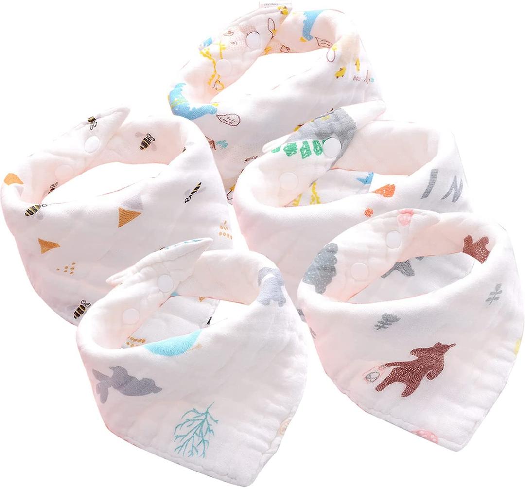 Baby Bandana Drool Bibs Burp Cloths Muslin Soft And Absorbent Unisex Teething Bibs Teething and Drooling, Triangle Scarf Bibs Burp Cloths, Random Style 5 Packs