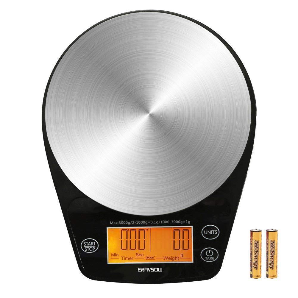 ERAVSOWCoffee Scale with Timer, Digital Hand Drip Coffee Scales,Stainless Steel Kitchen Food Weight Scale with Precision Sensors LCD Display & Hanger Hole 6.6lb/3kg (Batteries Include)