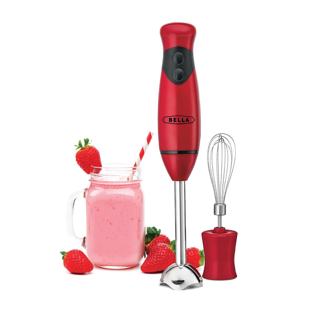 BELLA Immersion Hand Blender, Portable Mixer with Whisk Attachment - Electric Handheld Juicer, Shakes, Baby Food and Smoothie Maker, Stainless Steel, Red