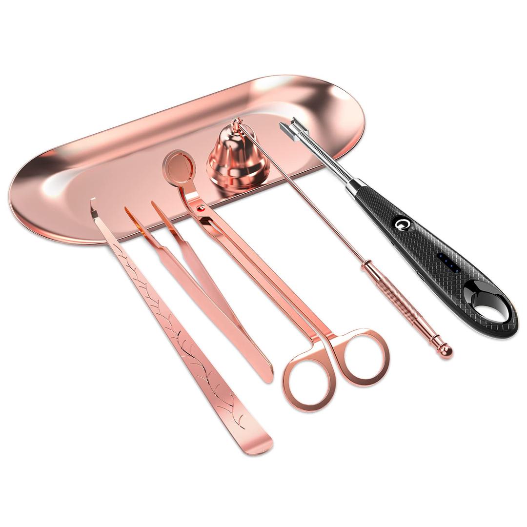 6 in 1 Candle Accessory Set,Candle Wick Trimmer Cutter,Candle Wick Dipper,Candle Wick Snuffer, Rechargeable Candle Lighter,Storage Tray Plate,Tweezers,Stainless Steel Candle Care Kit Gift(Rose Gold)…