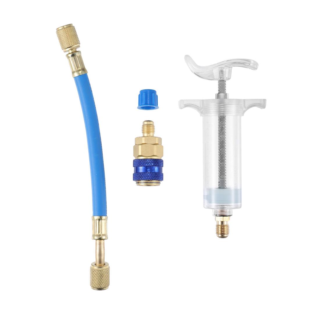 X AUTOHAUXOil and Dye Injectors Kit 30ml/1 Oz Hand Push Compressor Manual AC Oil Dye Injector with Quick Coupler 1/4 SAE Connector Car HVAC Compressor Oil Dye Injector Refrigerant Tool