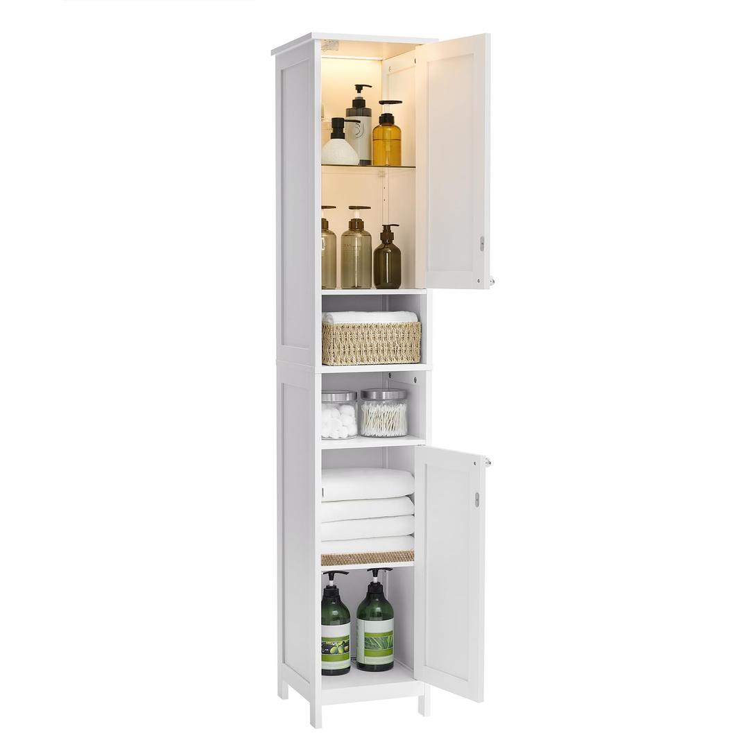 VASAGLE Tall Bathroom Cabinet with Lights, Slim Bathroom Storage Cabinet, Freestanding Narrow Cabinet with Adjustable Shelves, for Small Spaces, Modern, 11.8 Inches Wide, Cloud White UBBC566W02