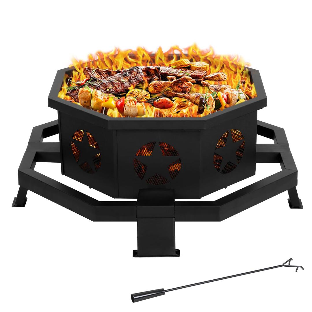 Hykolity 35 Inch 2 in 1 Fire Pit with Grill, Large Wood Burning Fire Pit with Cooking Grate, Octagonal Outdoor Firepit with Fire Poker for Backyard Bonfire Patio Outside Picnic BBQ