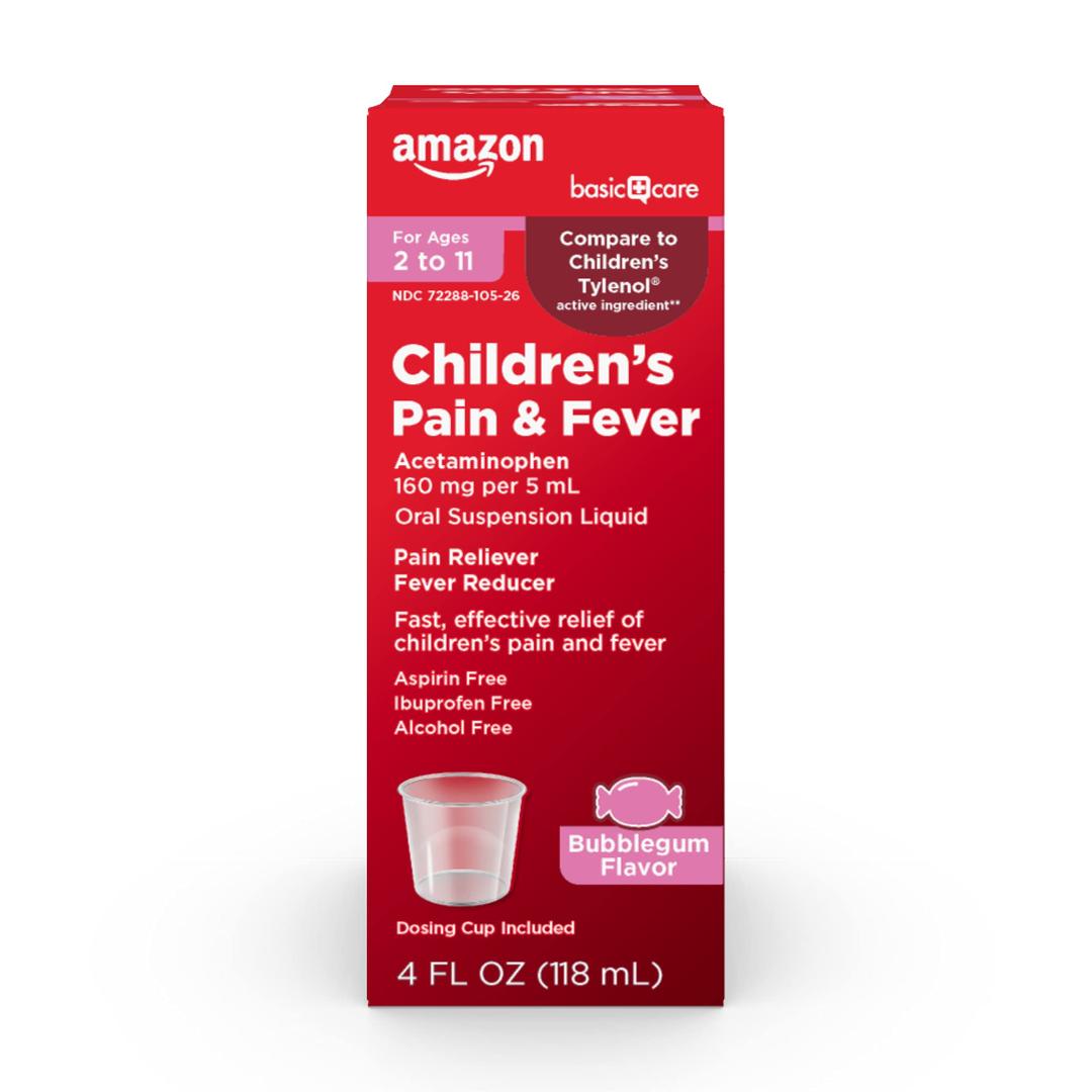 Amazon Basic Care Children's Pain Reliever Oral Suspension Liquid, Bubblegum Flavor, Acetaminophen 160 mg per 5 ml, Effective, Fever Reducer for Age 2-11 Years, Red, 4 fl oz (Pack of 1)