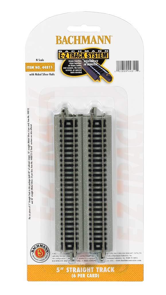 BachmannTrains - Snap-Fit E-Z TRACK 5” STRAIGHT TRACK (6/card) - NICKEL SILVER Rail With Grey Roadbed - N Scale, 8