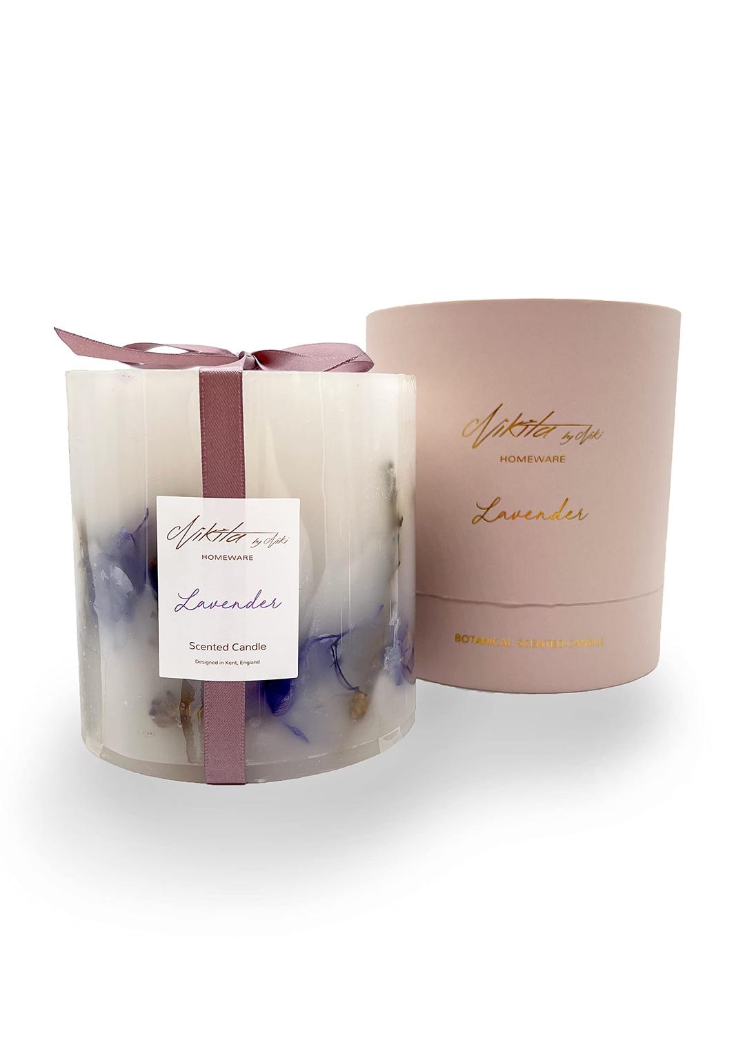 Nikita Luxury Lavender or Rose Candle - Botanical Pillar Candle - Floral Large Scented Candles - Aromatherapy Scented Candles Gifts for Women - Soy Candle - Housewarming Gift (Lavender)