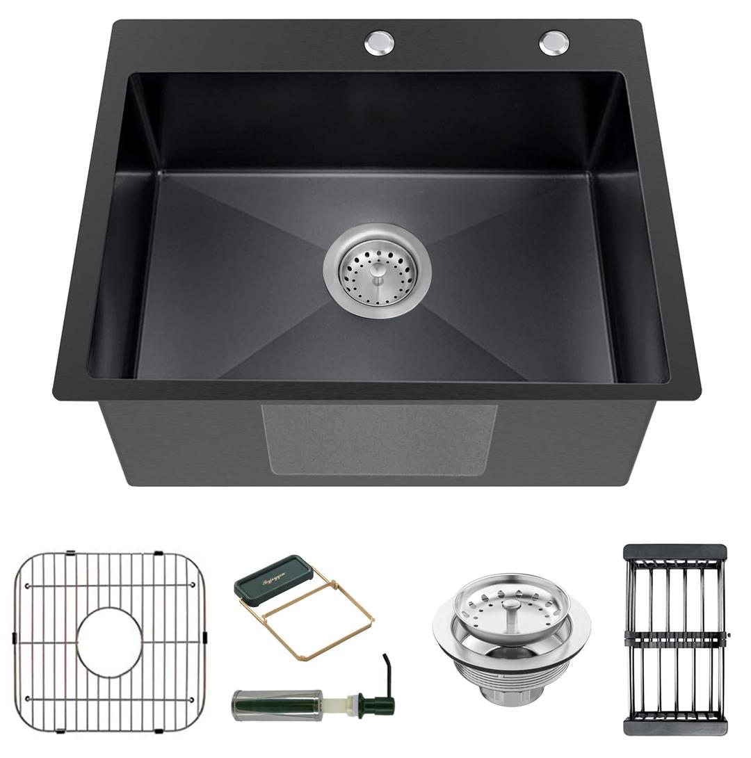 Black Kitchen Sink, Stainless Steel Topmount Bar Sink 22x18x9 Inch Single Bowl Drop In Kitchen Sink Combo-Sink Grid,Soap Dispenser,Drain Basket,Strainer Mesh,Drain Strainer Set for Modern Kitchen Sink