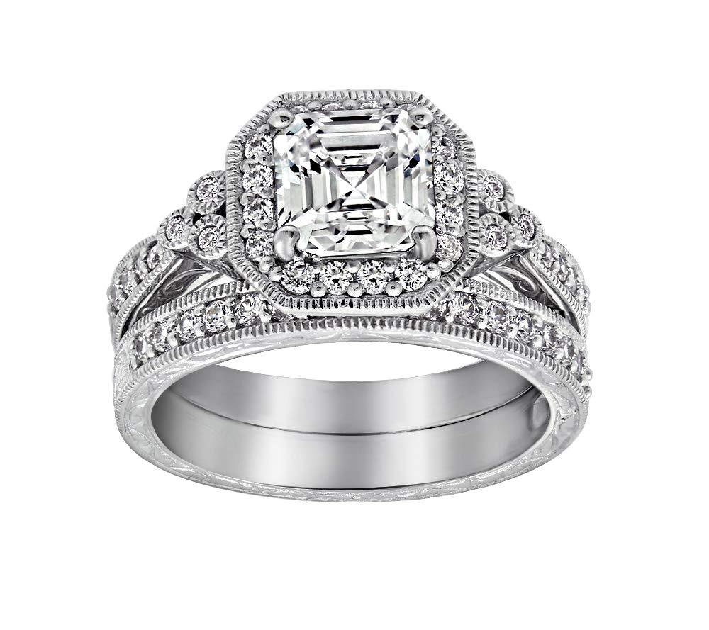 Amazon Essentials Platinum or Gold Plated Sterling Silver Antique Ring set with Asscher-Cut Infinite Elements Cubic Zirconia (previously Amazon Collection)