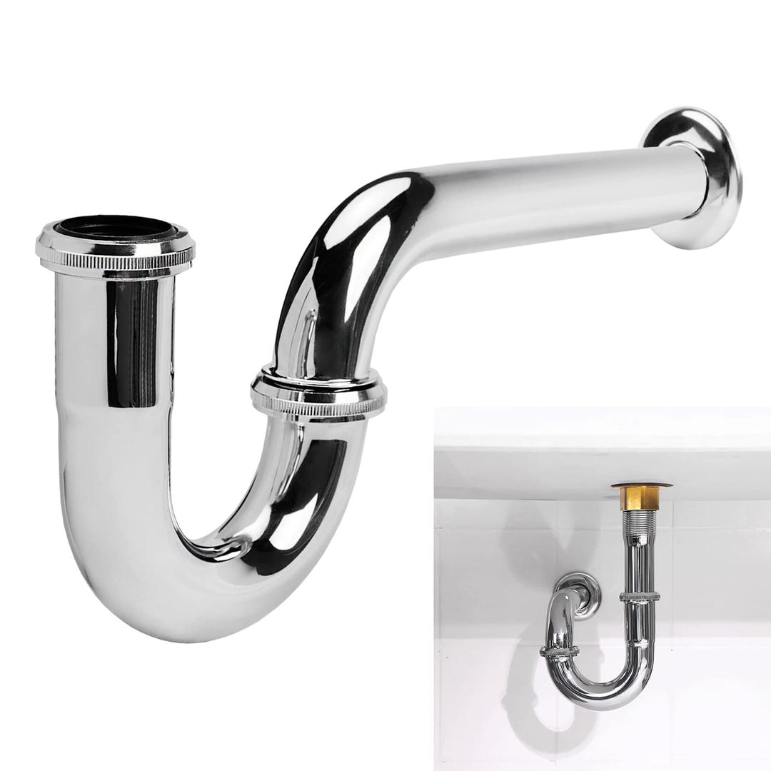 Stainless Steel P-Trap - 1 1/4 Inch Bathroom Basin Sink Waste Trap with Reducing Washer, Chrome Finish, Silver