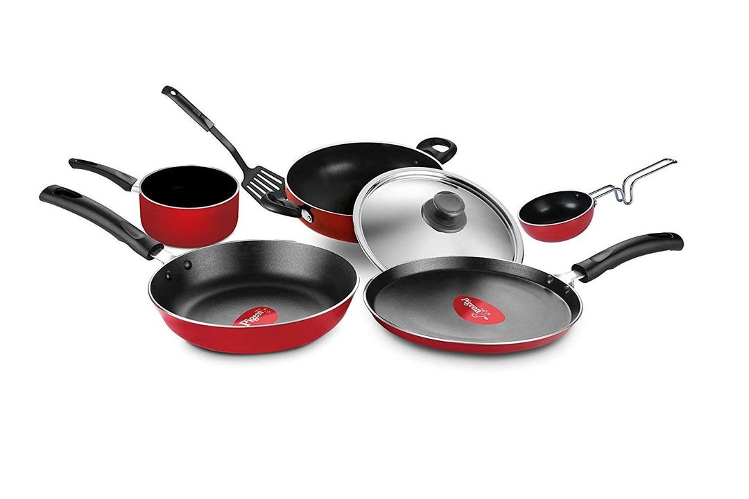 Pigeon by Stoverkraft Non-Stick Cookware Set of 7 Pc w/o Induction Base Includes Nonstick Tawa 23cm, Nonstick Fry Pan 24cm, Nonstick Kadhai with Stainless Steel Lid 24cm, Nonstick Sauce Red, Standard