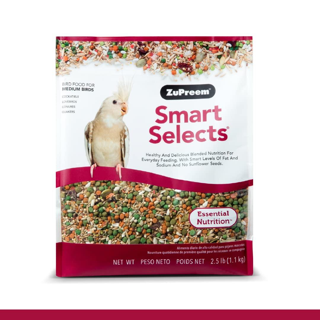 ZuPreem Smart Selects Daily Bird Food for Cockatiel, Lovebird, Quaker, Small Conure, Lorikeet, Bird Pellets and Seed Blend, Core Nutrition for Medium Birds, Cockatiel Food, Conure Food (M, 2.5 lb)