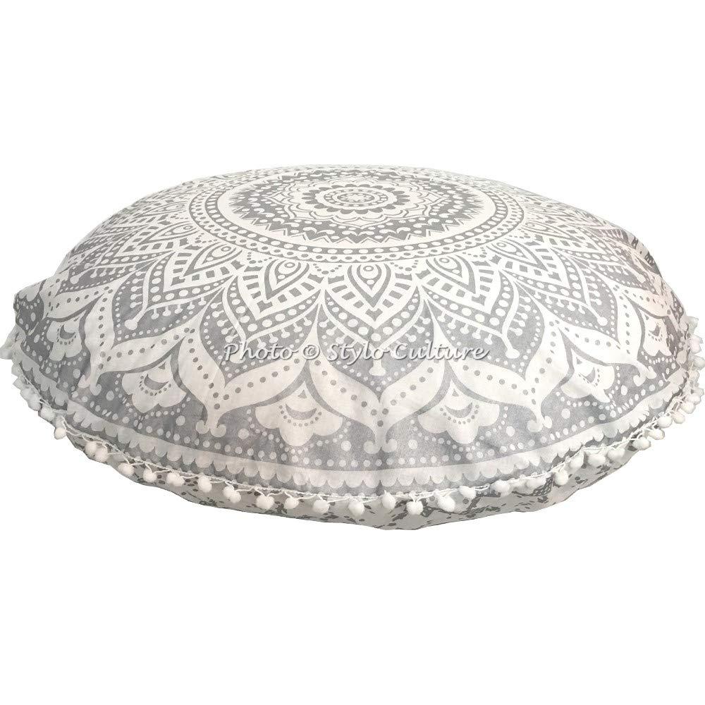 Stylo Culture Ethnic Bohemian Floor Cushion For Kids Throw Pillow Cover Silver 80x80 cm Meditation Mandala Large Pom Pom Lace Round Large 32 Inch Lounge Cotton Floral Seating Pouffe Cover