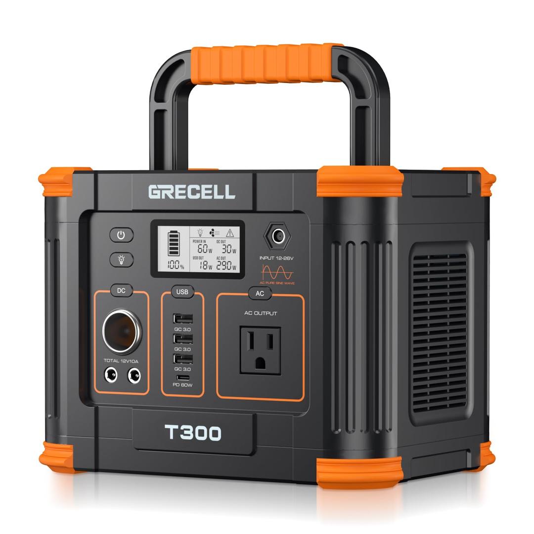 Portable Power Station 300W (Peak 600W), GRECELL 288Wh Solar Generator with 60W USB-C PD Output, 110V Pure Sine Wave AC Outlet Backup Lithium Battery for Outdoors Camping Travel Hunting Home Blackout