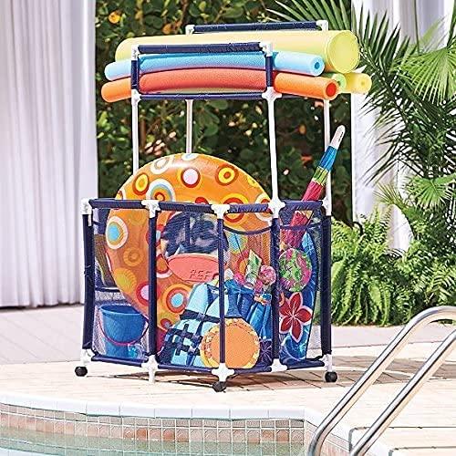 Large Rolling Storage Cart with Shelves and Mesh Basket Organizes Pool Toys, Floats, Noodles, Goggles, and Accessories