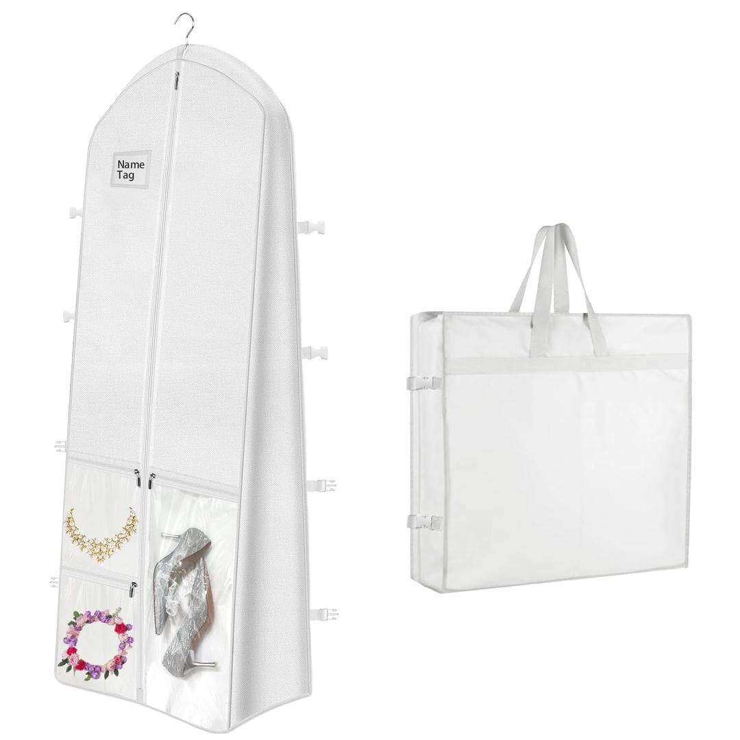 BH7STARPortable Wedding Dress Garment Bag, 72 Inch Trifold Bridal Dress Bags for Gowns Long with Pockets and Handles, 10" Gusseted Dress Cover for Wedding Dress with Buckle