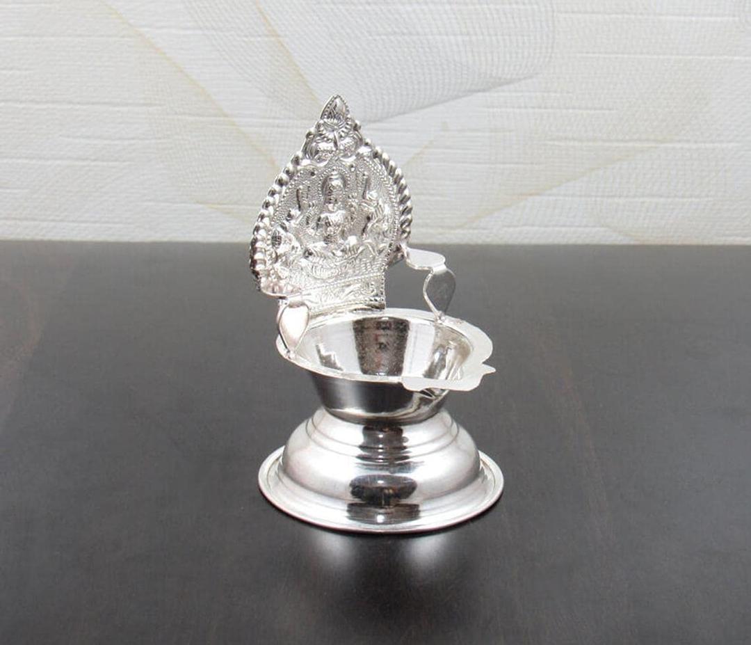 Mahalaxmi Diya in Pure Silver Goddess Laxmi Oil Lamp Hindu Religion Puja Vessel for Aarti Pooja and Havan