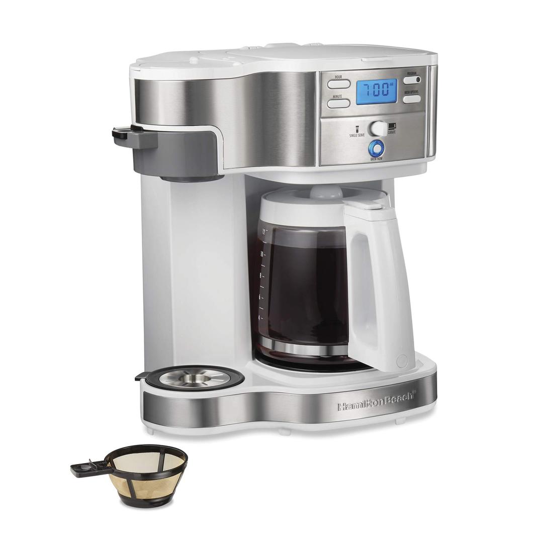 Hamilton Beach 49933 2-Way 12 Cup Programmable Drip Coffee Maker & Single Serve Machine, Glass Carafe, Auto Pause and Pour, White