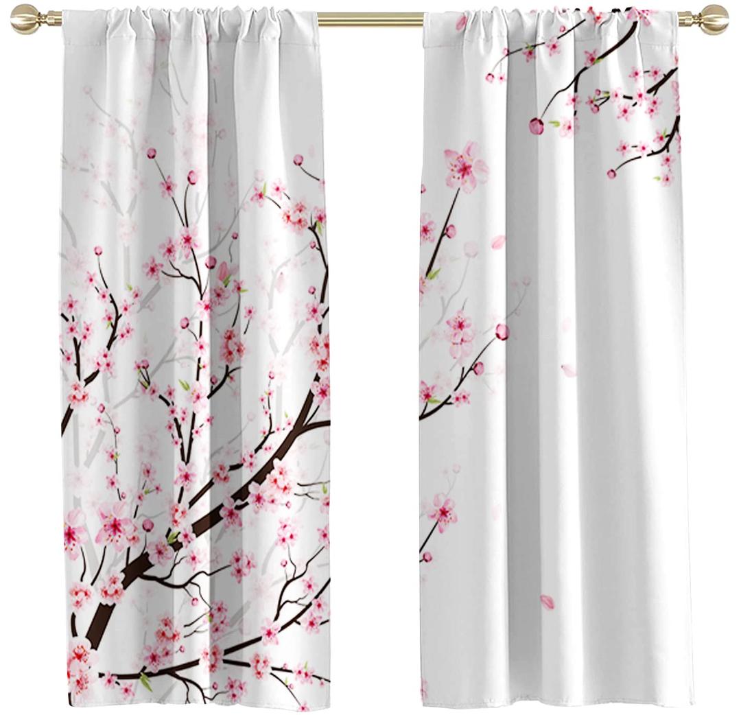 AAtter Pink Sakura Flower Window Curtain Cherry Blossom with Branches Garden Floral Pattern Design Curtains Living Room Bedroom Window Drapes Treatment Fabric 1 Pair, 42" W x 63" L, Japanese