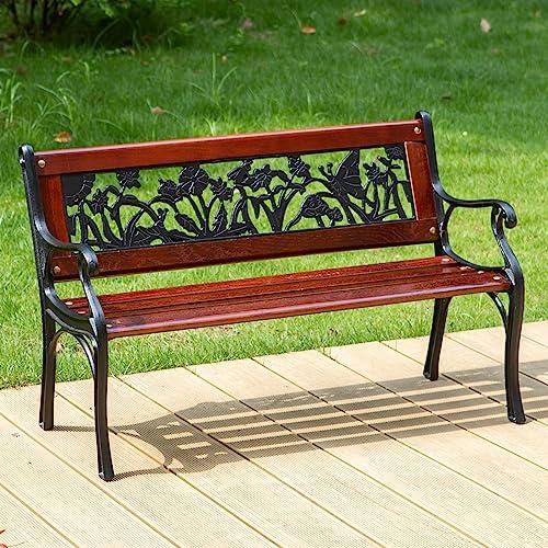 MFSTUDIO Kids Mini Sized Outdoor Garden Bench with Wooden Seat and Cast Iron Backrest for Patio Yard