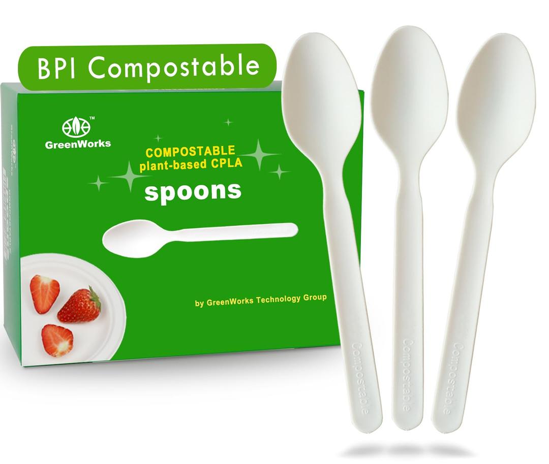 GreenWorks 200 Count Heavy-duty Compostable spoons, BPI Certified Large Disposable Flatware Utensils Spoon