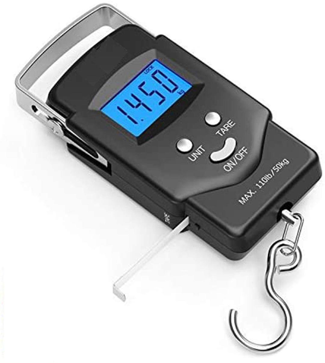 Luggage Scale Fishing Scale with Tape Measure Portable Scale LCD Display Electronic Balance Digital, DELFINO Fishing Postal Hanging Hook Scale with Measuring Tape, 110lb/ 50kg